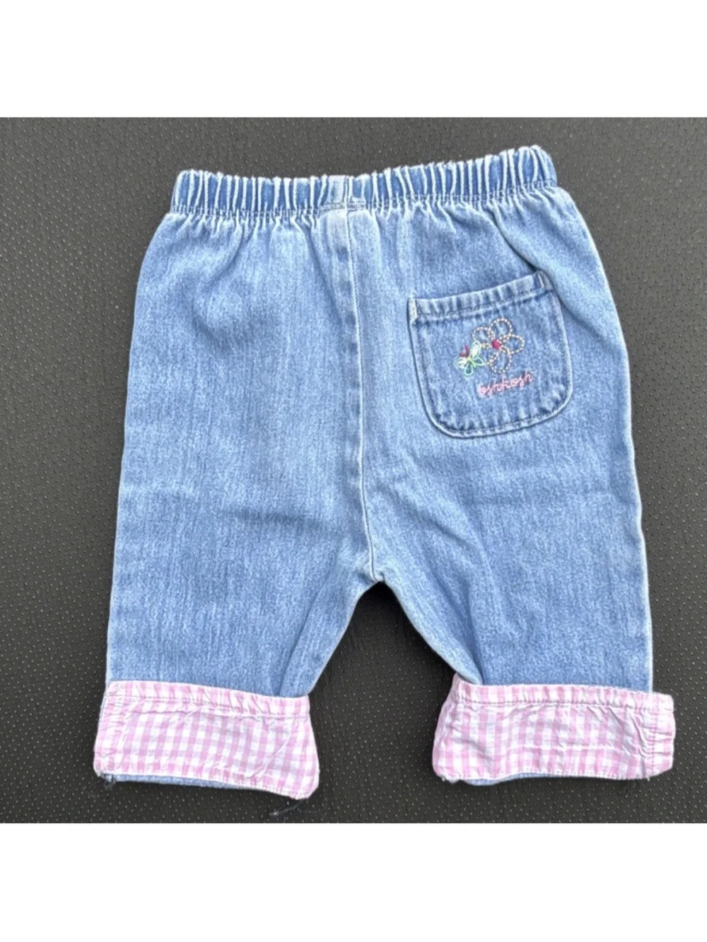 Vintage OshKosh B'gosh Light Blue Denim Pants with Pink Gingham Trim